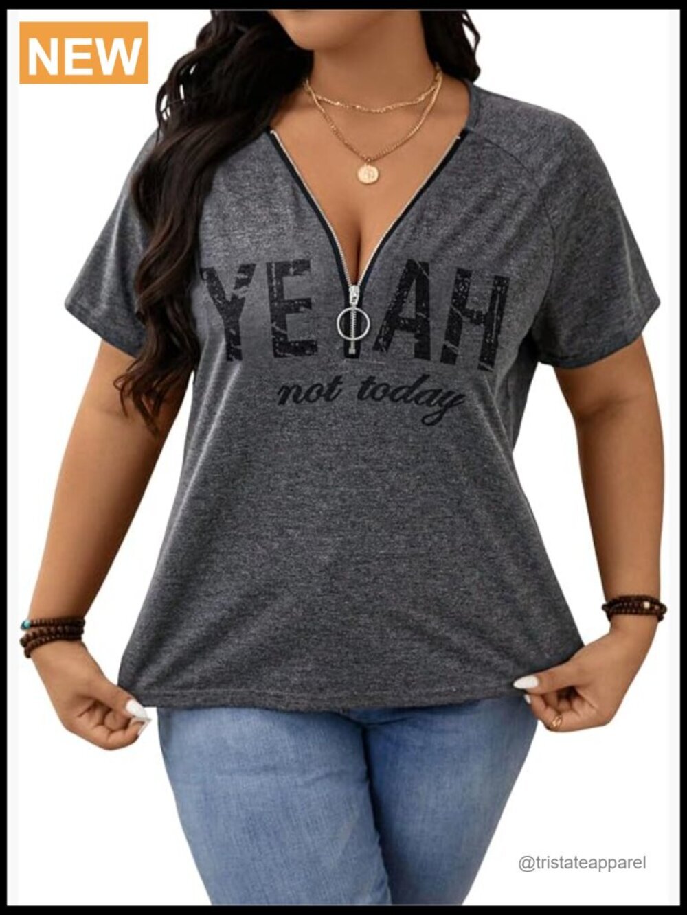 Plus Size Zipper Front Letter Print T Shirt V Neck Graphic Tee